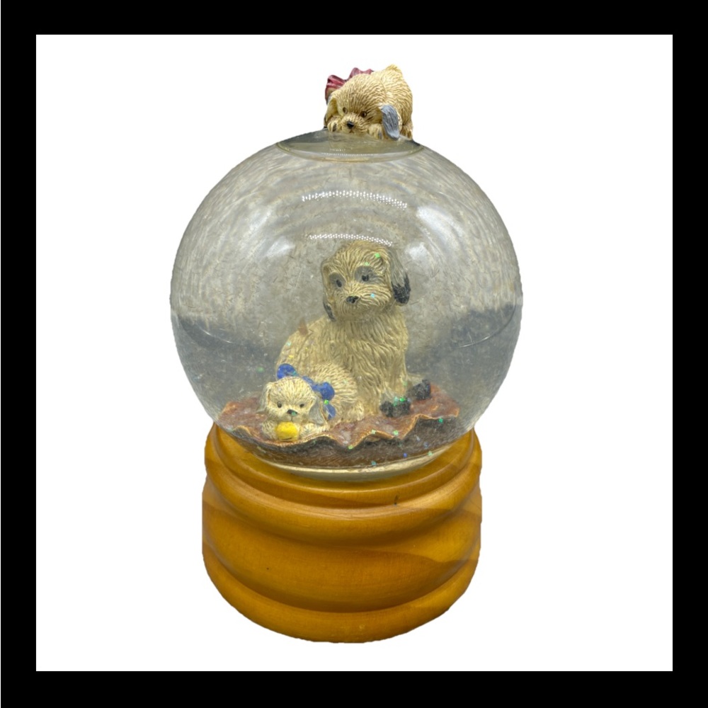 Vintage San Francisco Music Box Co Dog Puppy water Globe Wood Animal 90s Glitter